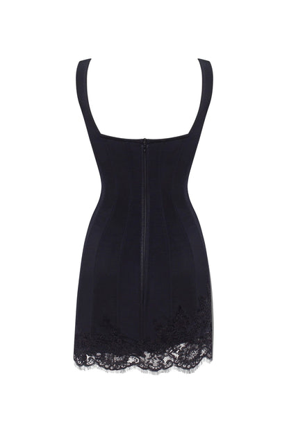 SULTRY BLACK CORSET MINI DRESS WITH LACE HEM, PARISIENNE