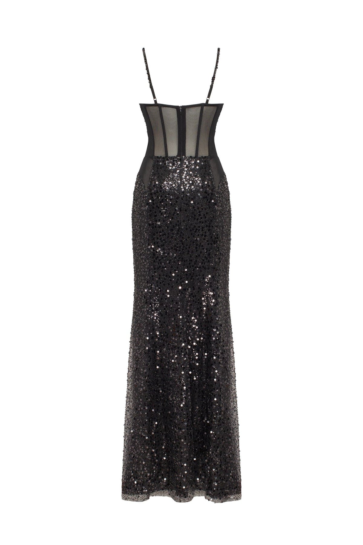 SENSATIONAL BLACK MAXI ON SPAGHETTI STRAPS COVERED IN SEQUINS, SMOKY QUARTZ