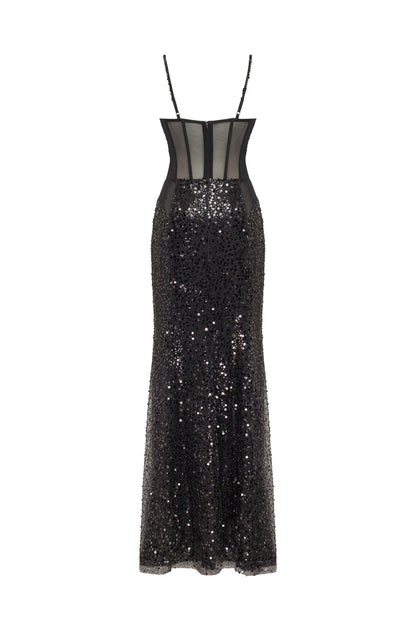 SENSATIONAL BLACK MAXI ON SPAGHETTI STRAPS COVERED IN SEQUINS, SMOKY QUARTZ