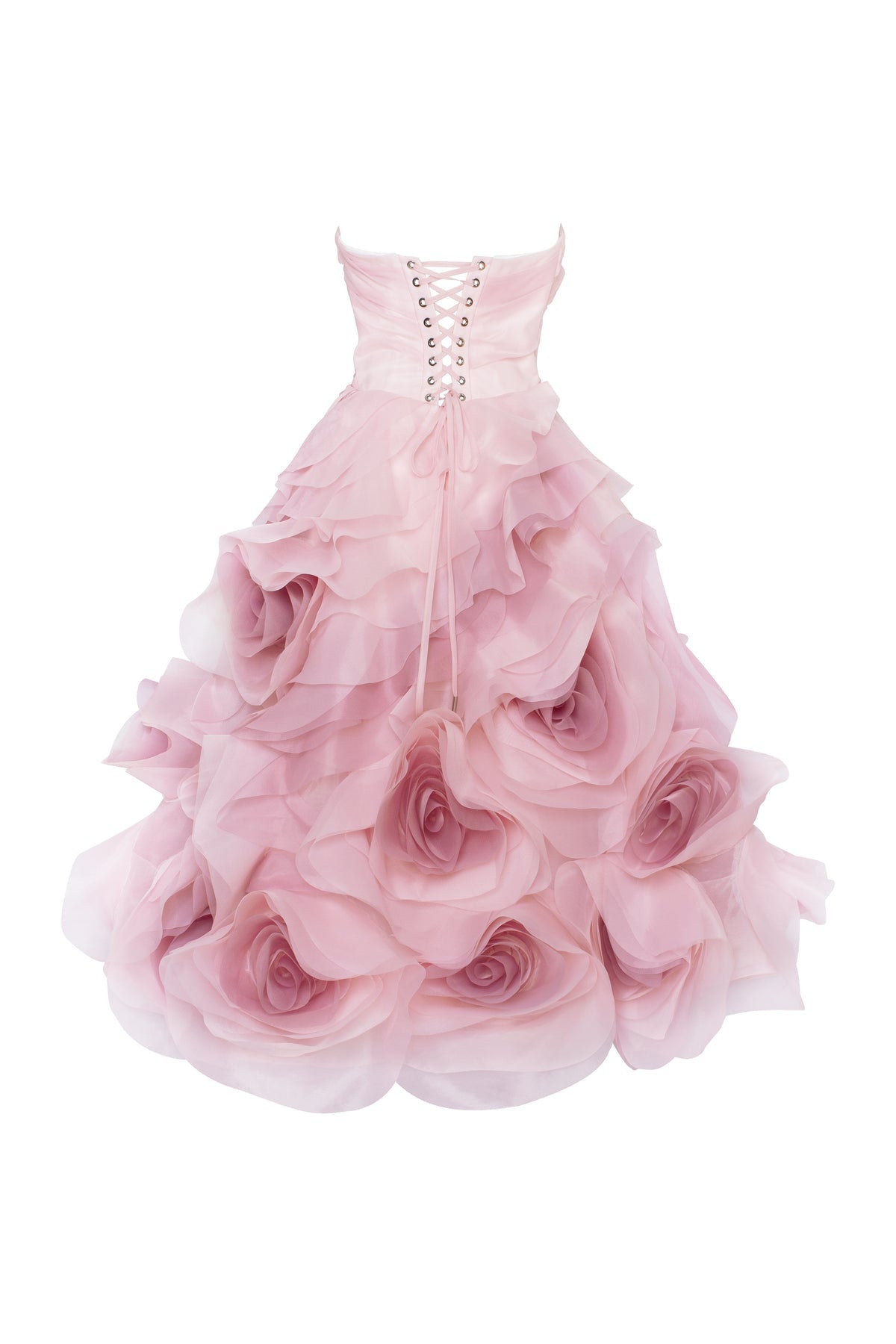 DRAMATIC FLOWERED ORGANZA MIDI DRESS IN MISTY ROSE, GLOW-UP