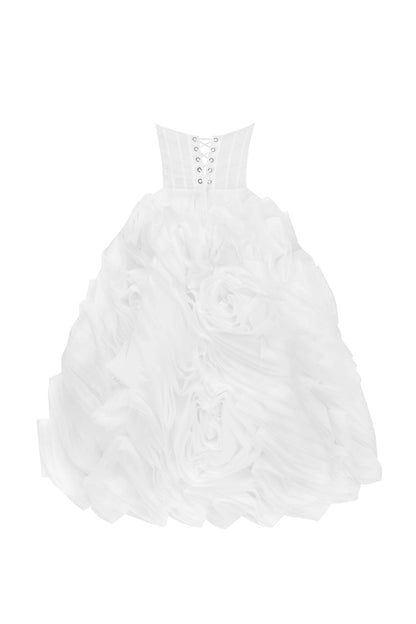 DRAMATICALLY FLOWERED TULLE DRESS IN WHITE