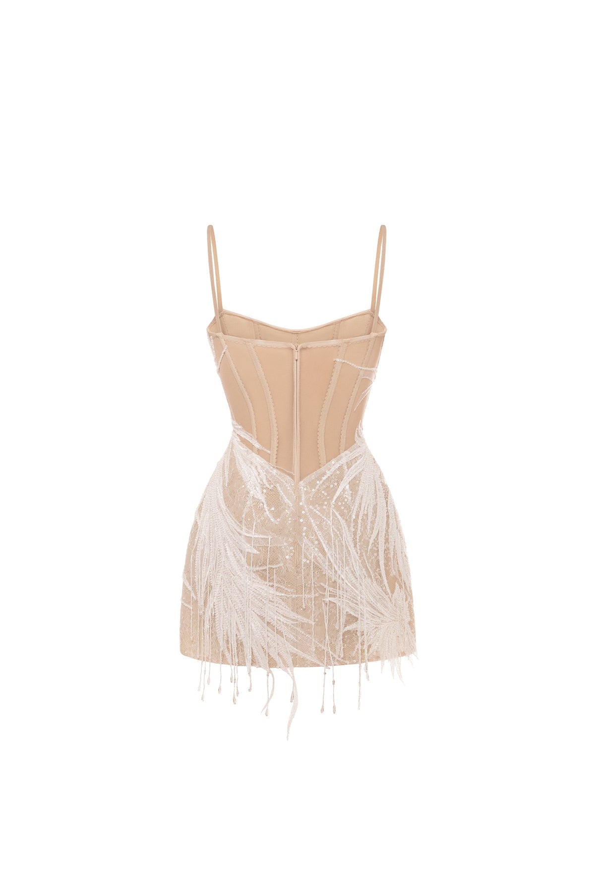 BEIGE LACE CORSET MINI DRESS EMBELLISHED WITH SEQUINS AND FRINGES