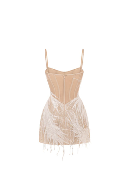 BEIGE LACE CORSET MINI DRESS EMBELLISHED WITH SEQUINS AND FRINGES