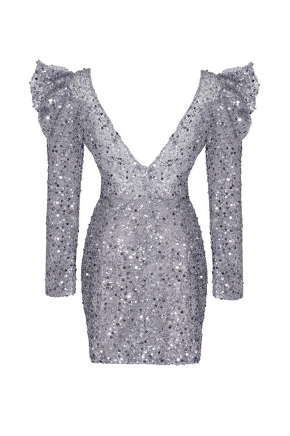 SILVER METALLIC LONG-SLEEVE SEQUINED MINI DRESS
