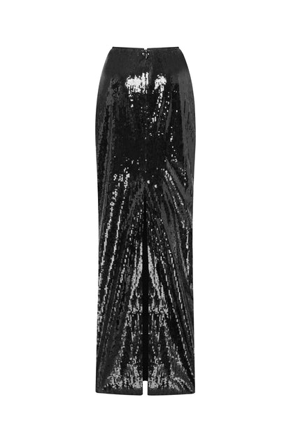 DRAMATIC FITTED SEQUINED BLACK MAXI SKIRT, MIDNIGHT WALK