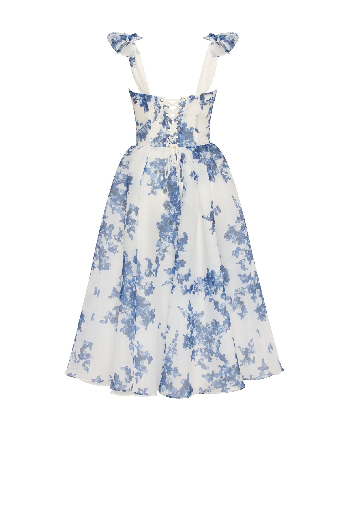 CHARMING BLUE HYDRANGEA-PATTERNED ORGANZA MIDI DRESS, GARDEN OF EDEN