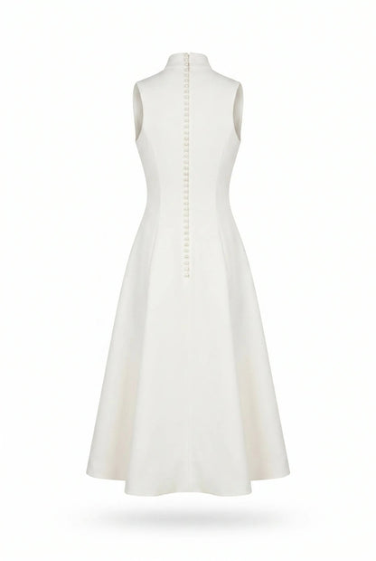 ELEGANT WHITE MIDI DRESS WITH A HIGH NECKLINE