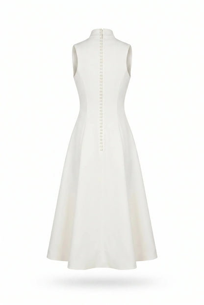 ELEGANT WHITE MIDI DRESS WITH A HIGH NECKLINE
