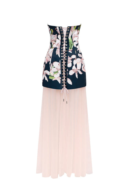 2-IN-1 FLORAL MINI DRESS WITH A DETACHABLE LIGHT PEACH UNDERSKIRT