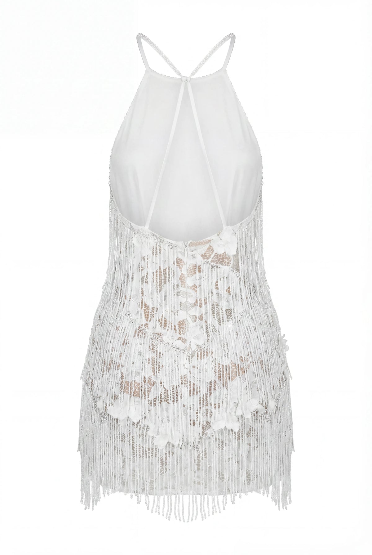 IVORY LACE MINI DRESS WITH BEADED FRINGE
