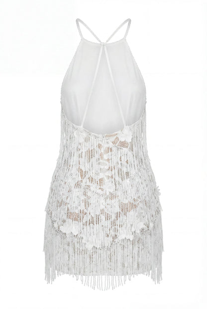 IVORY LACE MINI DRESS WITH BEADED FRINGE