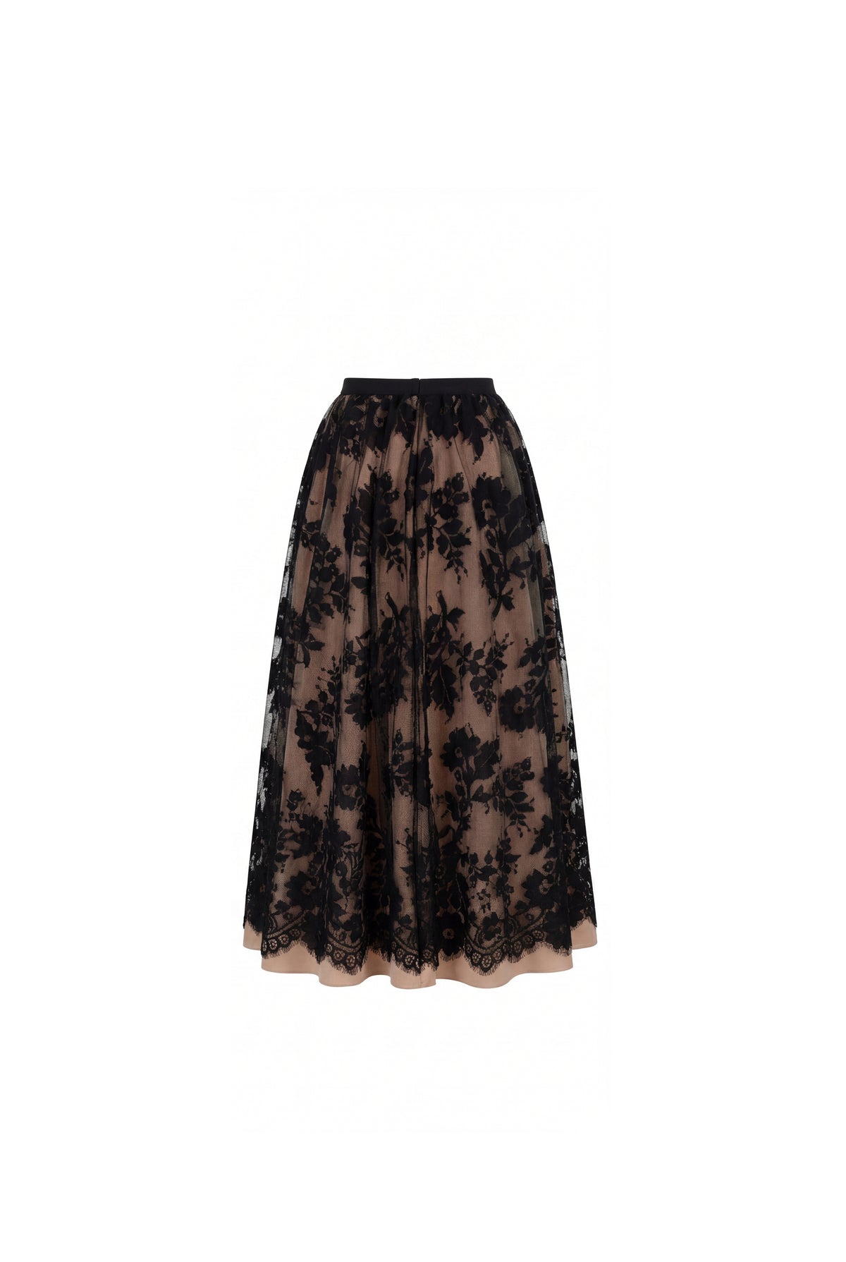 BEIGE A-LINE MIDI SKIRT WITH CHANTILLY LACE