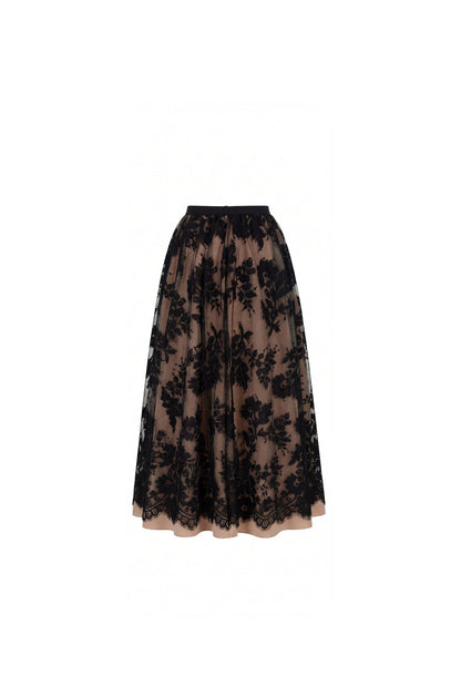 BEIGE A-LINE MIDI SKIRT WITH CHANTILLY LACE