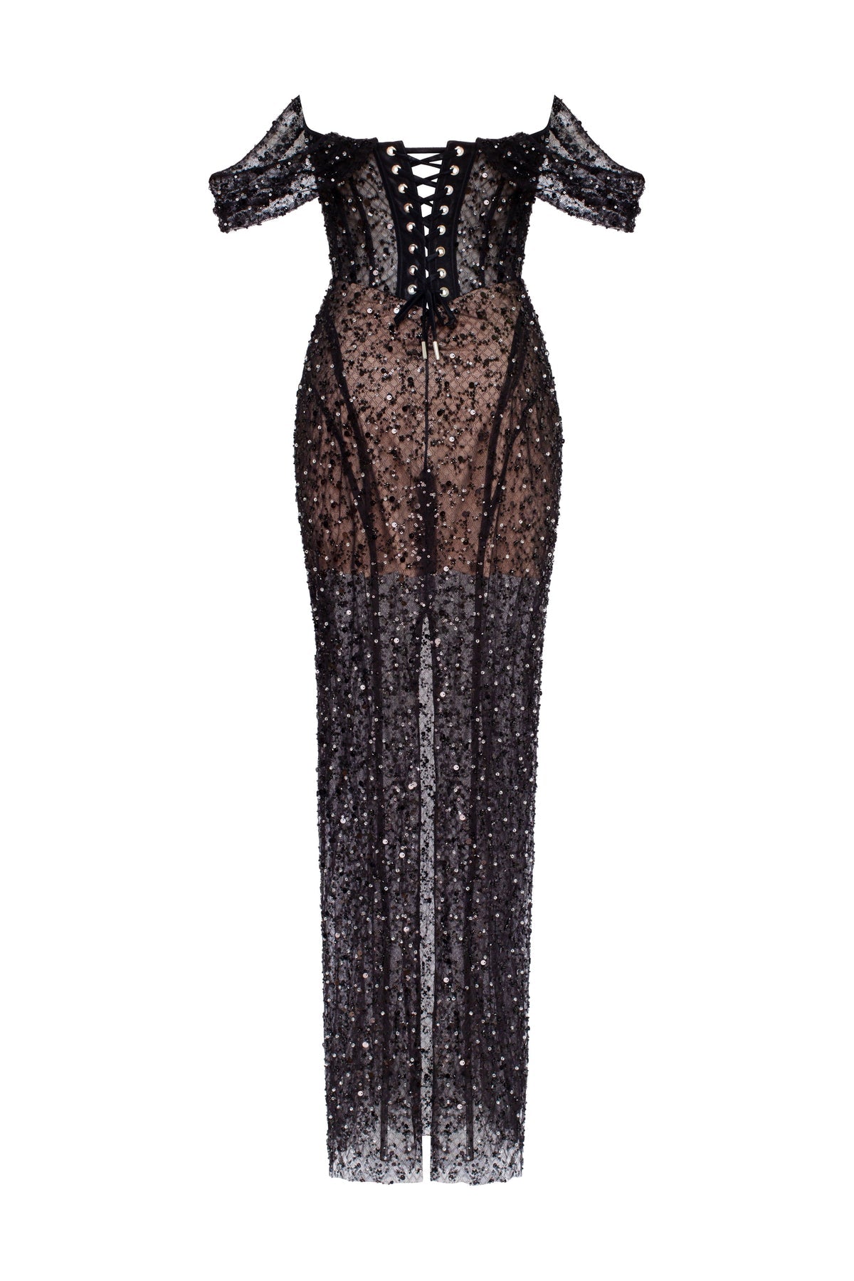 STRIKING BLACK SEQUINED FITTED MAXI DRESS, MIDNIGHT WALK
