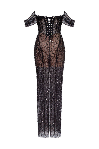 STRIKING BLACK SEQUINED FITTED MAXI DRESS, MIDNIGHT WALK