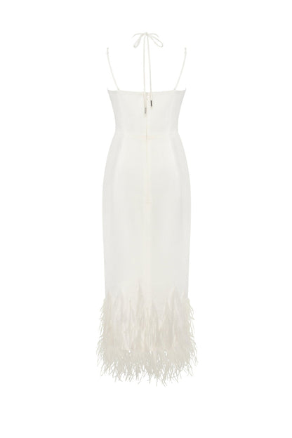 WHITE COCKTAIL DRESS DECORATED WITH FEATHERS, XO XO