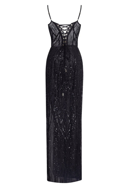ASTONISHING SEQUINED MAXI GOWN ON SPAGHETTI STRAPS