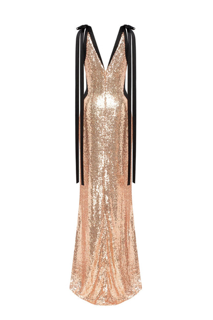 BIZZARE FULLY SEQUINED TIE-STRAPS GOLD MAXI DRESS, SMOKY QUARTZ