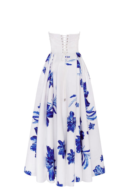 WONDERFUL WHITE A-LINE MAXI DRESS WITH BLUE FLOWERS, GLOW-UP