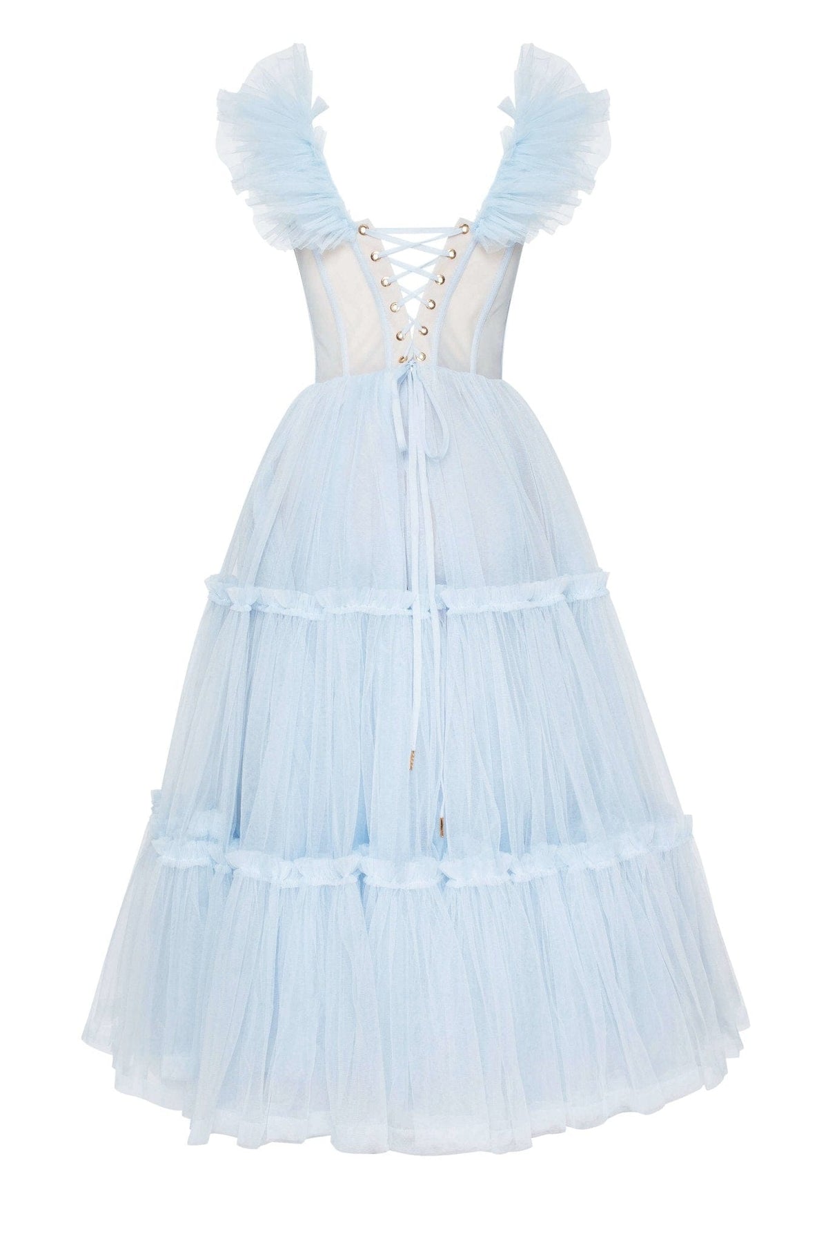 LIGHT BLUE RUFFLED TULLE MIDI DRESS