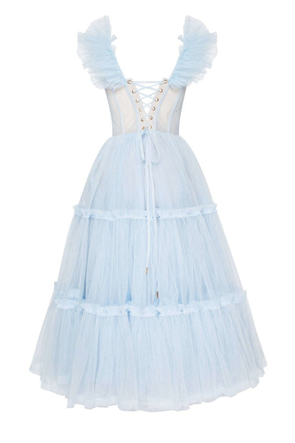 LIGHT BLUE RUFFLED TULLE MIDI DRESS