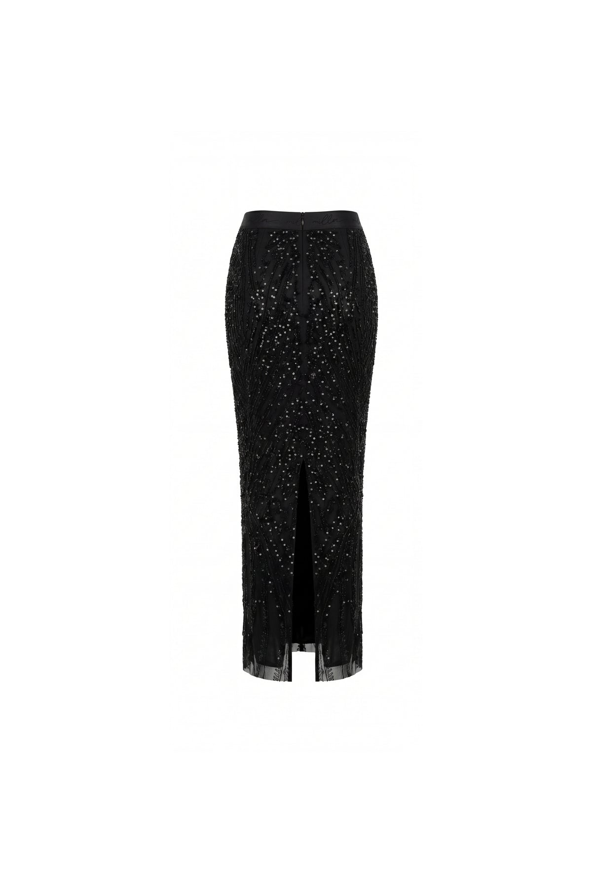 BLACK SEMI-SHEER EMBROIDERED LACE MAXI SKIRT