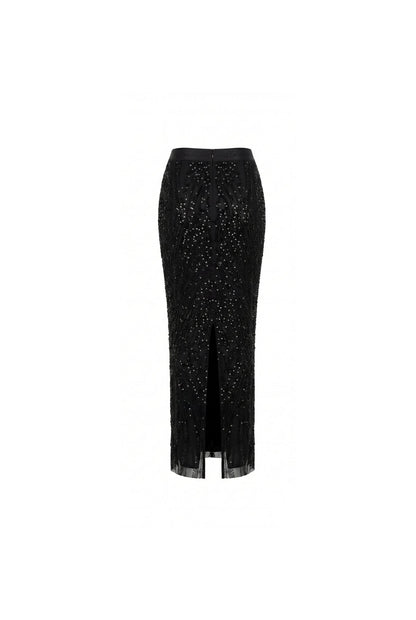 BLACK SEMI-SHEER EMBROIDERED LACE MAXI SKIRT