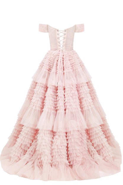 MISTY ROSE OFF-THE-SHOULDER FRILL-LAYERED GOWN