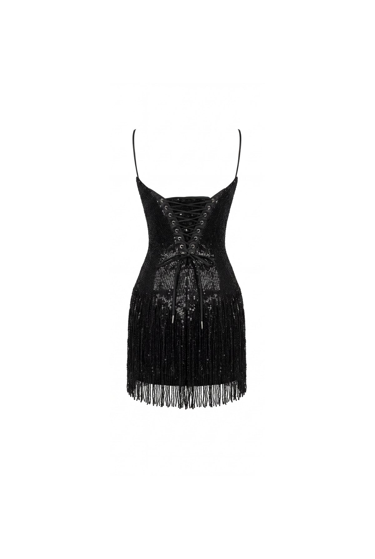 BLACK MINI DRESS WITH FRINGE AND SEQUINS