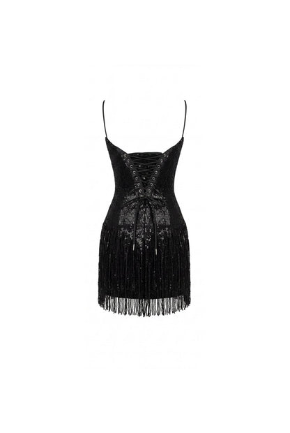 BLACK MINI DRESS WITH FRINGE AND SEQUINS