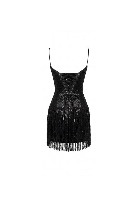 BLACK MINI DRESS WITH FRINGE AND SEQUINS