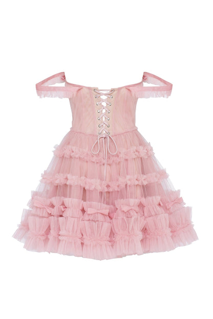 FLIRTY RUFFLED TULLE MINI DRESS IN MISTY ROSE, GLOW-UP