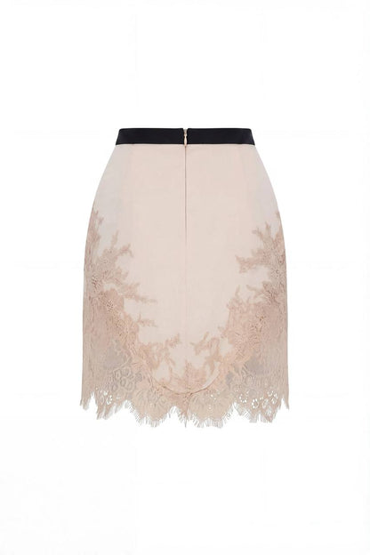 FITTED BEIGE MINI SKIRT ADORNED WITH LACE, PARISIENNE