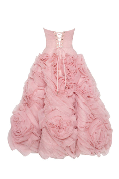 DRAMATICALLY FLOWERED TULLE DRESS IN MISTY PINK