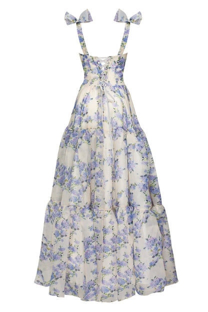 HYDRANGEA TENDER FLORAL MAXI TIE-STRAP DRESS