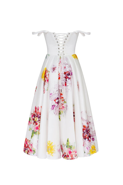 TEA-LENGTH IVORY FLORAL DRESS, GLOW-UP