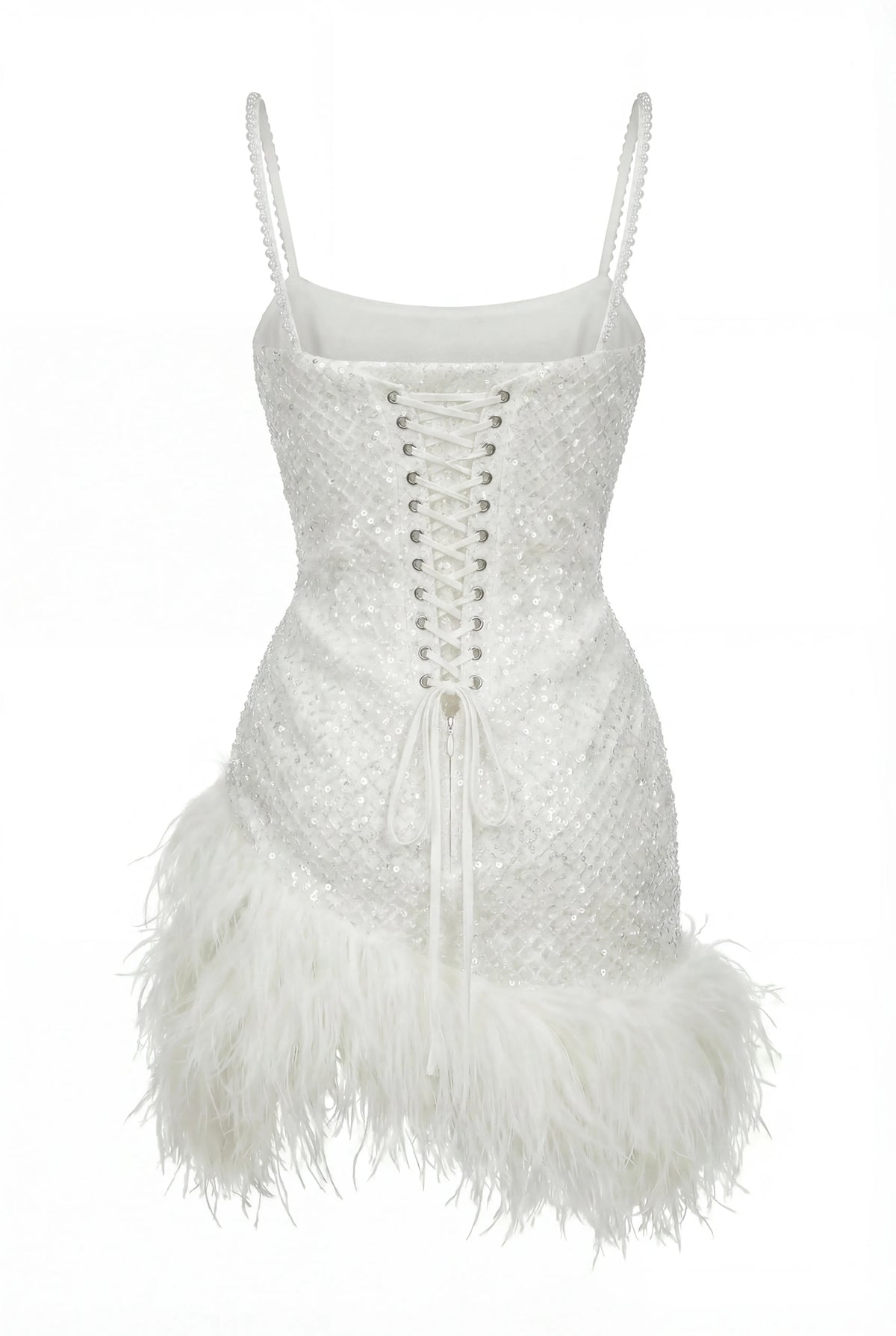CORSET MINI IVORY DRESS WITH PEARLS AND FEATHERS