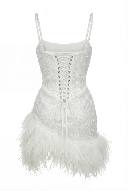 CORSET MINI IVORY DRESS WITH PEARLS AND FEATHERS