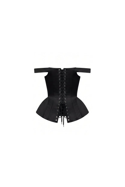 BLACK SATIN CORSET WITH OFF-THE-SHOULDER STRAPS