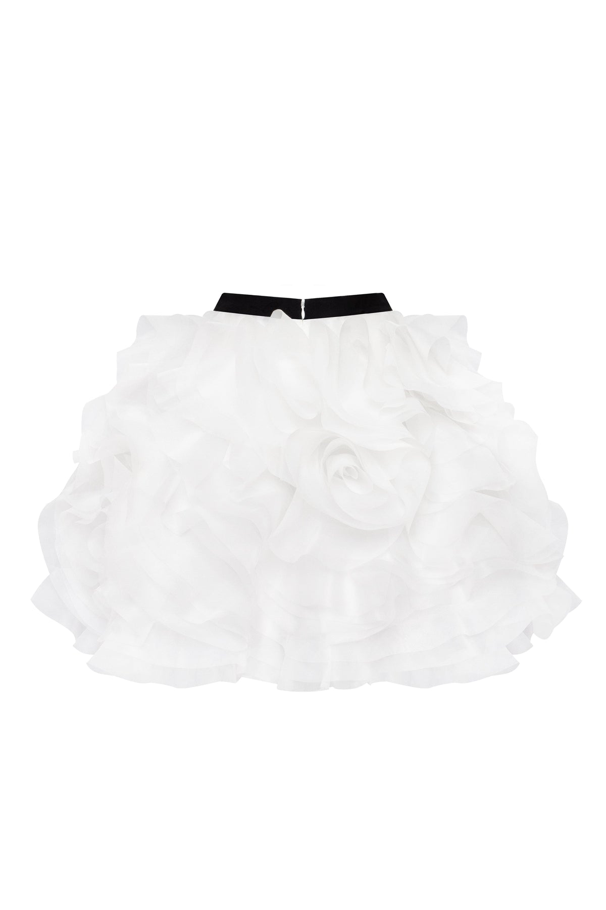 DANCEABLE MINI SKIRT WITH RUCHED FLOWER APPLIQUES IN WHITE, MIDNIGHT WALK