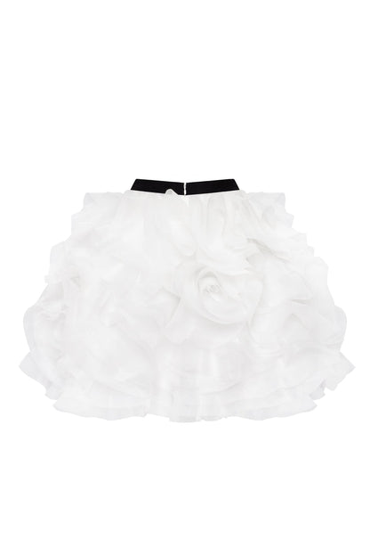 DANCEABLE MINI SKIRT WITH RUCHED FLOWER APPLIQUES IN WHITE, MIDNIGHT WALK