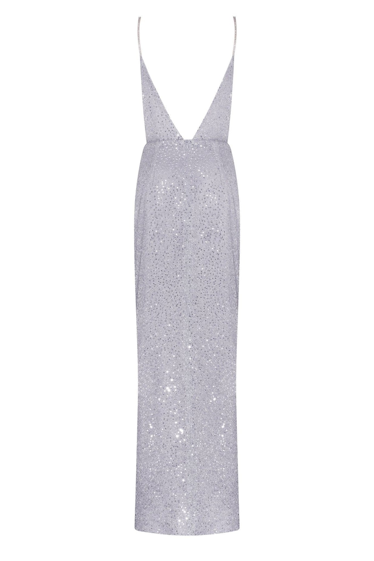 SPAGHETTI STRAPS SILVER SPARKLING WRAPPED MAXI DRESS