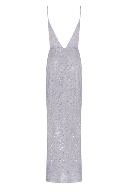 SPAGHETTI STRAPS SILVER SPARKLING WRAPPED MAXI DRESS