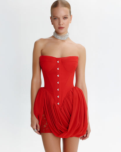 RED CORSET MINI DRESS WITH DRAPED SKIRT