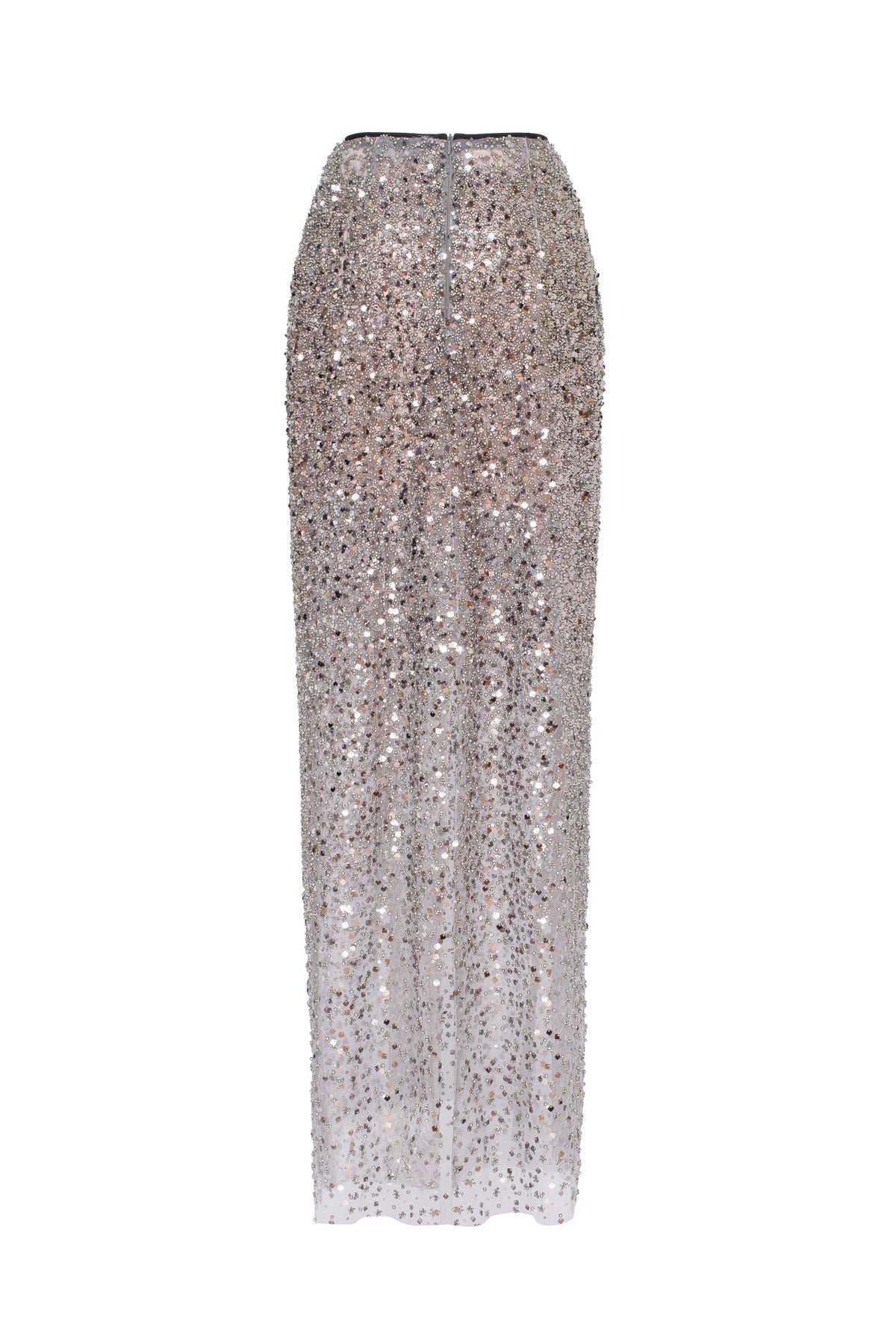 SHOWSTOPPER FULLY SEQUINED SILVER FITTED MAXI SKIRT, MIDNIGHT WALK