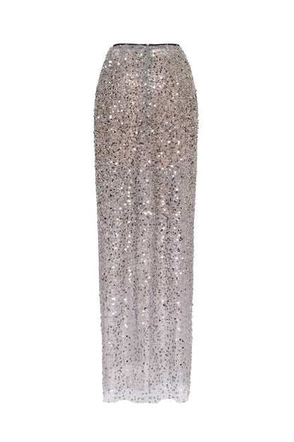 SHOWSTOPPER FULLY SEQUINED SILVER FITTED MAXI SKIRT, MIDNIGHT WALK