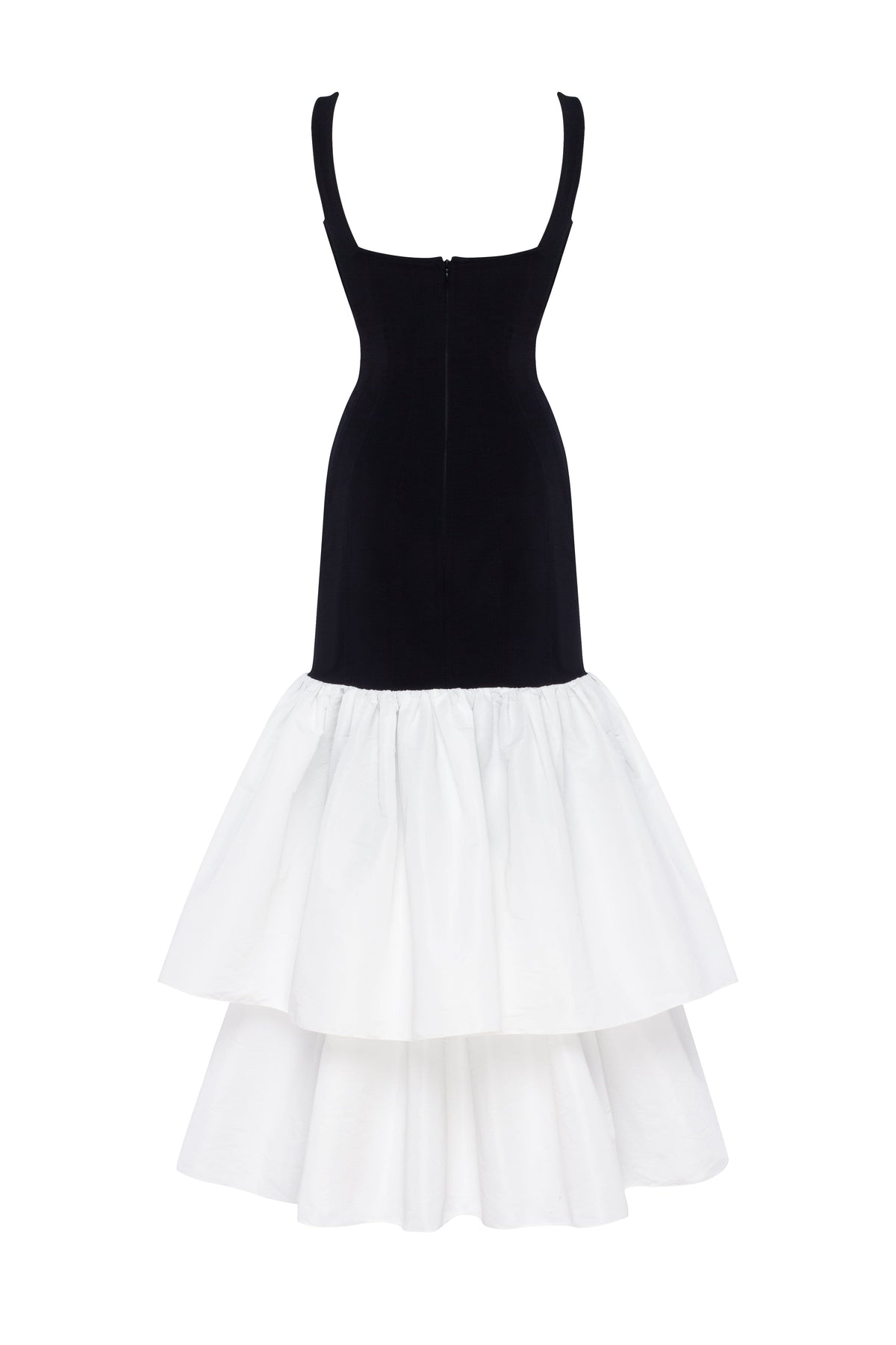 BLACK FITTED MAXI DRESS WITH WHITE PUFFY TIERED SKIRT, PARISIENNE