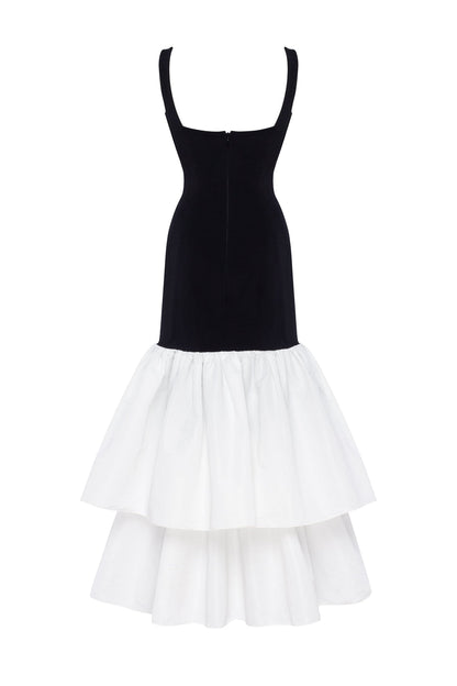 BLACK FITTED MAXI DRESS WITH WHITE PUFFY TIERED SKIRT, PARISIENNE