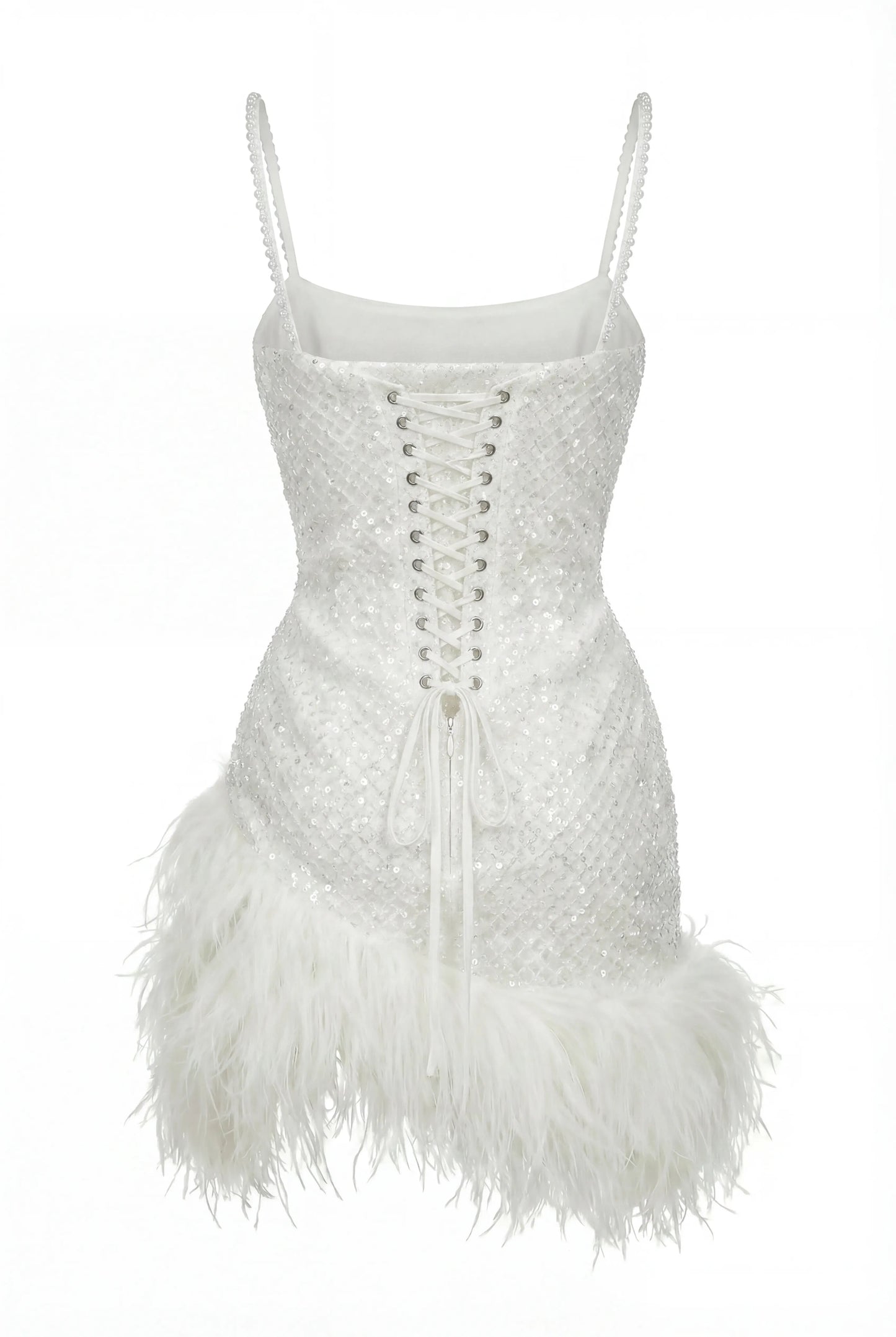 CORSET MINI IVORY DRESS WITH PEARLS AND FEATHERS