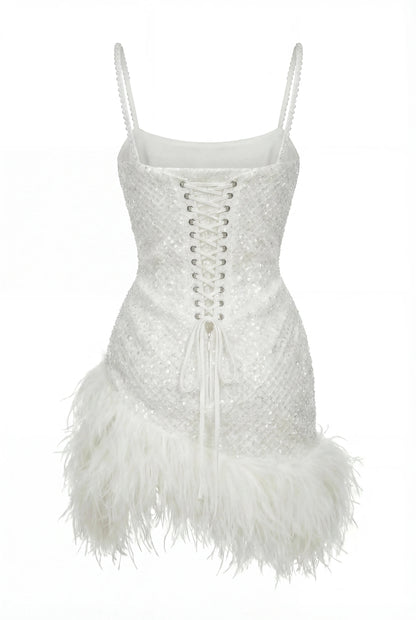 CORSET MINI IVORY DRESS WITH PEARLS AND FEATHERS
